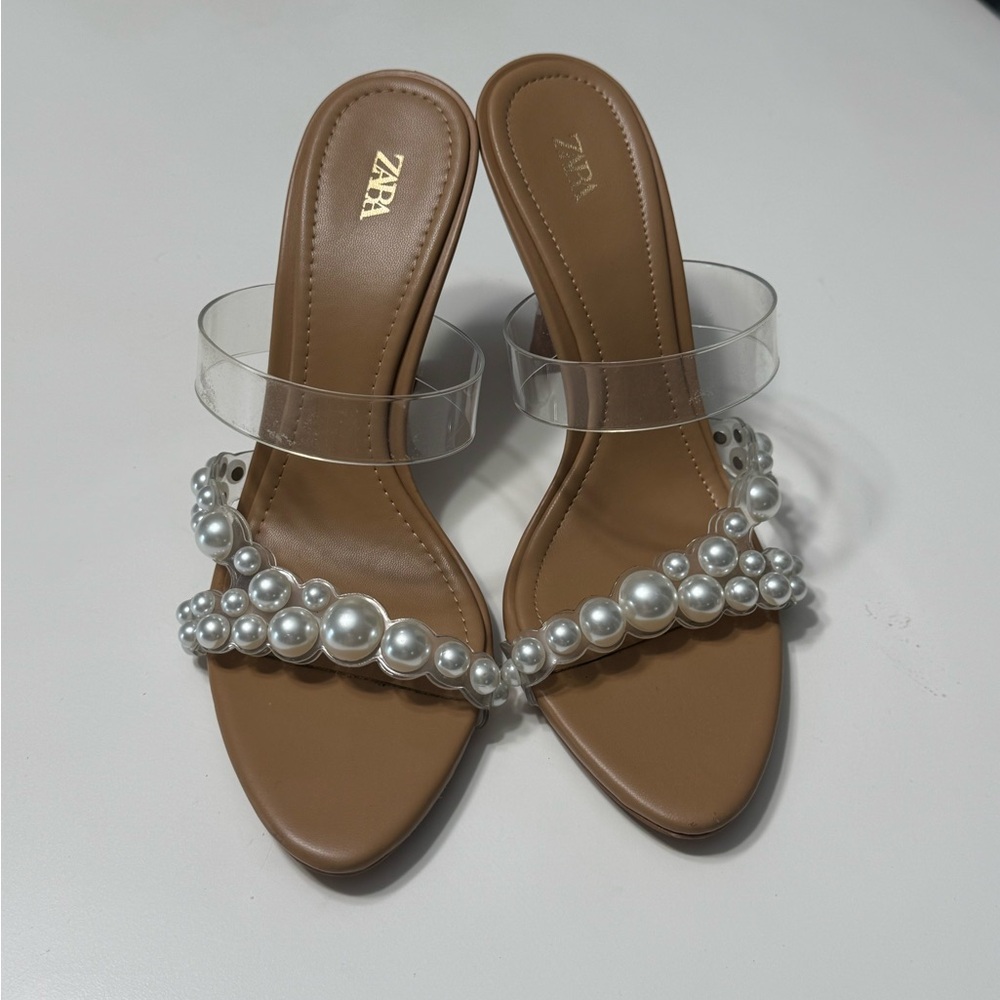 Zara Tan Heels with Pearl Details